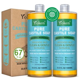 Yoken Pure Castile Soap Liquid Unscented 67 fl oz Castile Liquid Soap Made With Organic Oil, Clean & Gentle, No Palm Oil, Vegan, Natural Castille soaps for Face Body Hand Wash, Dishes Multi-purpose