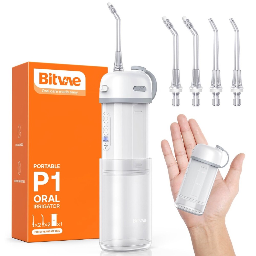 Bitvae P1 Portable Mini Dental Flosser, Cordless Water Cleaner with Telescopic Tank, Rechargeable Oral Irrigator for Travel & Home, Frost White