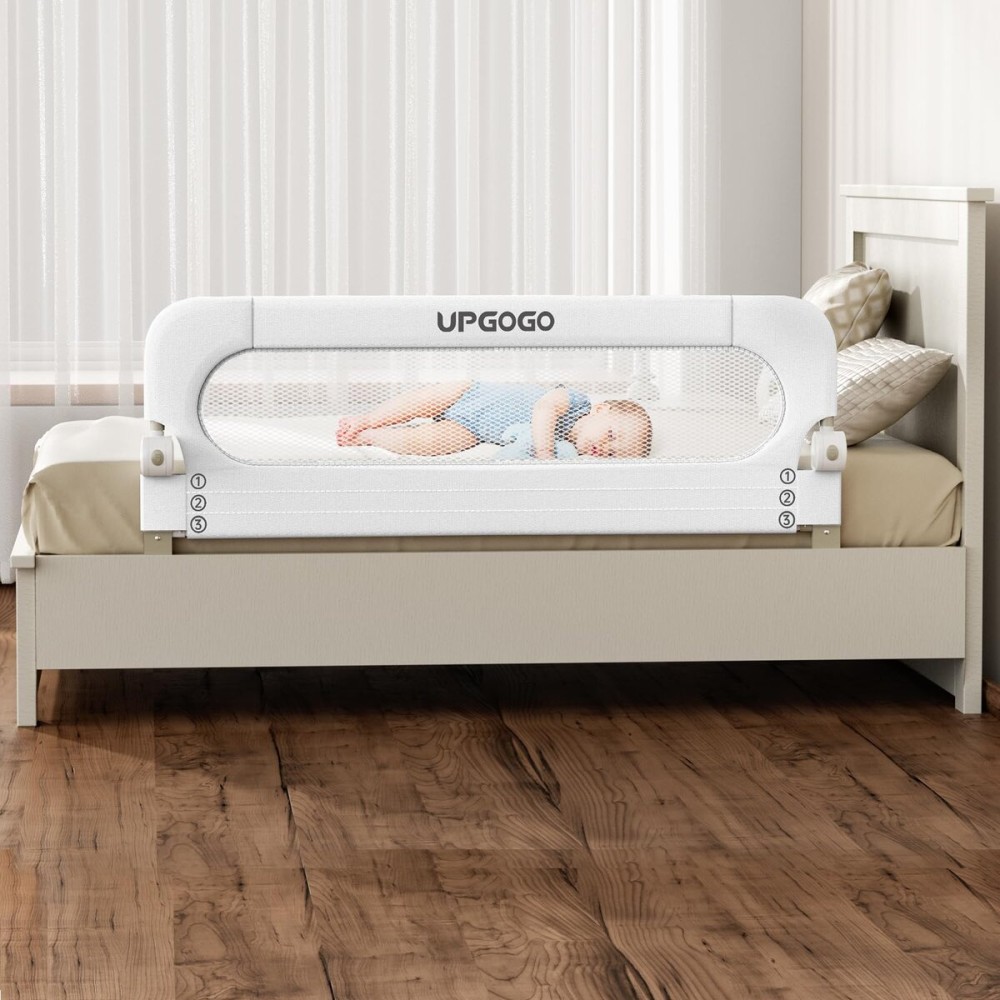 UPGOGO Folding Bed Rail for Toddlers,Baby Bed Rail Guard with Reinforced Anchor Safety System,Fit Bunk,Full Size,Queen,King,Twin(White,59x23.6)