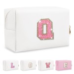 Small Initial Patch Makeup Bag Personalized Gifts Make Up Bag,White Cute PU Leather Glitter Letter Cosmetic Bag with Zipper,Trendy Portable Travel Toiletry Pouch,Preppy Stuff for Teen Girls Women Q