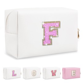 Small Initial Patch Makeup Bag Personalized Gifts Make Up Bag,White Cute PU Leather Glitter Letter Cosmetic Bag with Zipper,Trendy Portable Travel Toiletry Pouch,Preppy Stuff for Teen Girls Women F