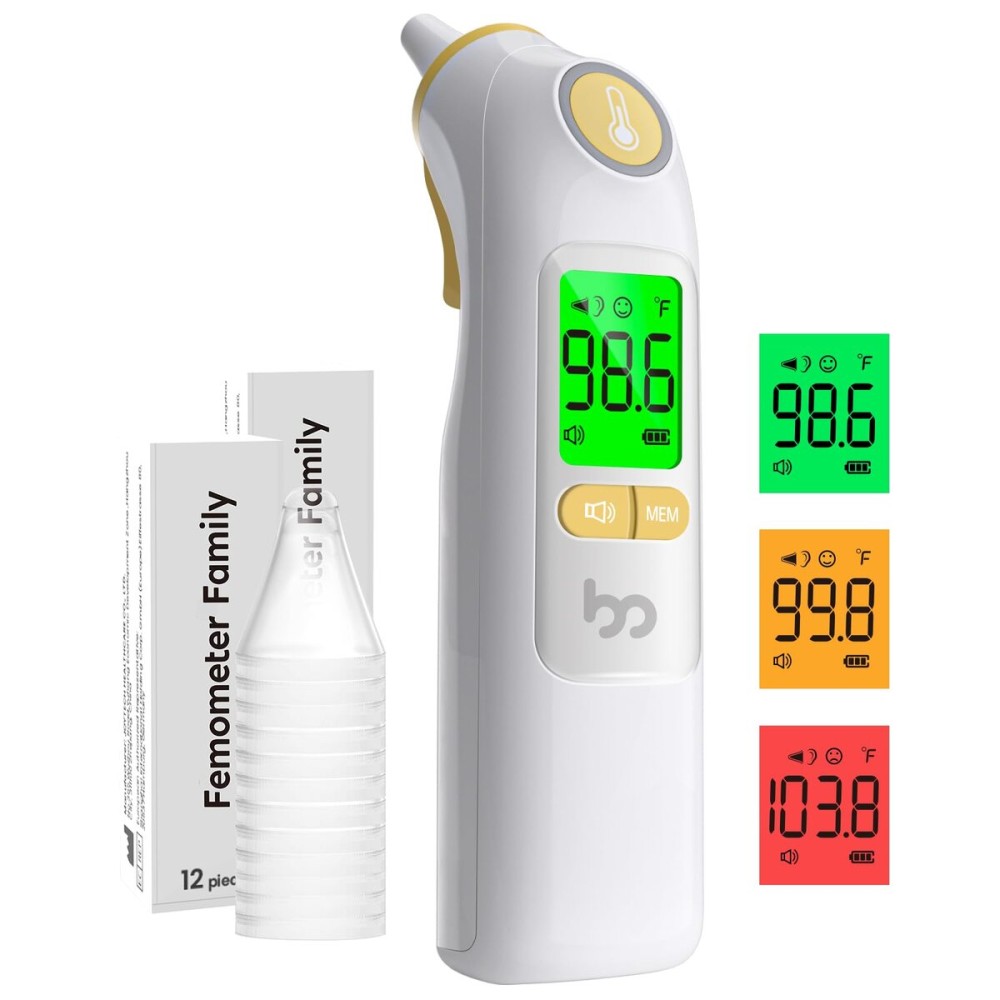 Femometer Family Ear Thermometer, Highly Accurate Ear Thermometer for Kids, Adults and Babies, 30 Memory Recall, 1s Result and 3-Color Fever Alert, with 24 Disposable Probe Covers, Yellow