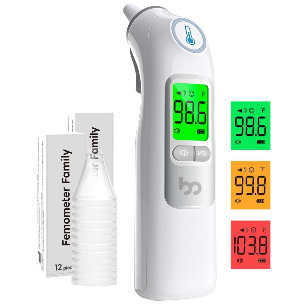 Femometer Family Ear Thermometer, Highly Accurate Ear Thermometer for Kids, Adults and Babies, 30 Memory Recall, 1s Result and 3-Color Fever Alert, with 24 Disposable Probe Covers, Gray