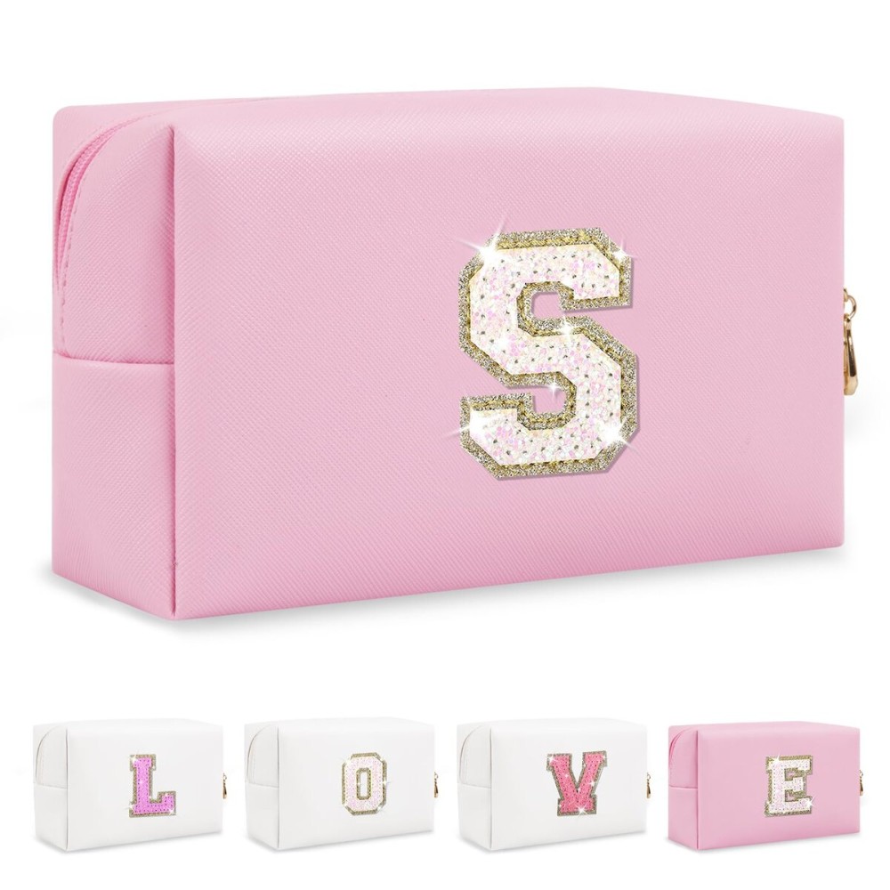 Small Personalized Initial A-Z Patch Makeup Bag,Pink Cute PU Leather Glitter Letter Cosmetic Bag for Teen Girls,Travel Toiletry Bag with Zipper,Preppy Monogrammed Birthday Gift for Daughter Niece S