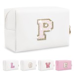 Small Initial Patch Makeup Bag Personalized Gifts Make Up Bag,White Cute PU Leather Glitter Letter Cosmetic Bag with Zipper,Trendy Portable Travel Toiletry Pouch,Preppy Stuff for Teen Girls Women P