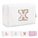 Small Initial Patch Makeup Bag Personalized Gifts Make Up Bag,White Cute PU Leather Glitter Letter Cosmetic Bag with Zipper,Trendy Portable Travel Toiletry Pouch,Preppy Stuff for Teen Girls Women X