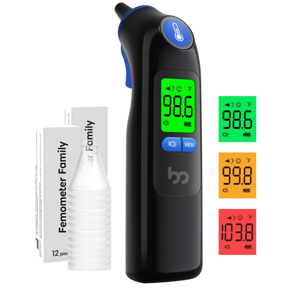 Femometer Family Ear Thermometer, Highly Accurate Ear Thermometer for Kids, Adults and Babies, 30 Memory Recall, 1s Result and 3-Color Fever Alert, with 24 Disposable Probe Covers, Blue