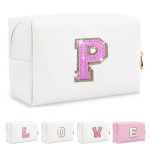 Small Initial Patch Makeup Bag Personalized Gifts Make Up Bag,White Cute PU Leather Glitter Letter Cosmetic Bag with Zipper,Trendy Portable Travel Toiletry Pouch,Preppy Stuff for Teen Girls Women P