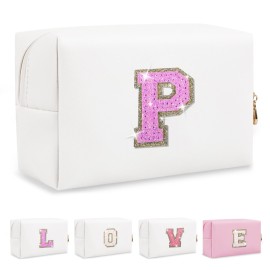 Small Initial Patch Makeup Bag Personalized Gifts Make Up Bag,White Cute PU Leather Glitter Letter Cosmetic Bag with Zipper,Trendy Portable Travel Toiletry Pouch,Preppy Stuff for Teen Girls Women P