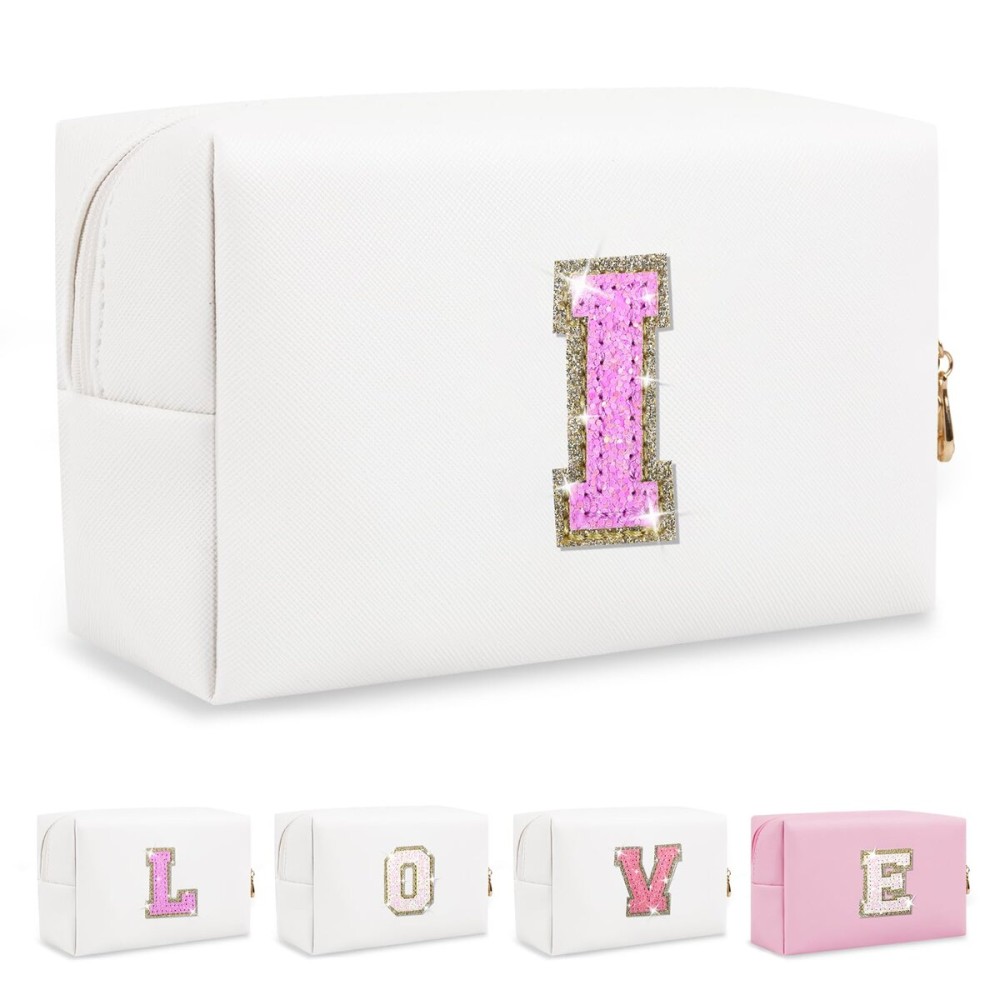 Small Initial Patch Makeup Bag Personalized Gifts Make Up Bag,White Cute PU Leather Glitter Letter Cosmetic Bag with Zipper,Trendy Portable Travel Toiletry Pouch,Preppy Stuff for Teen Girls Women R