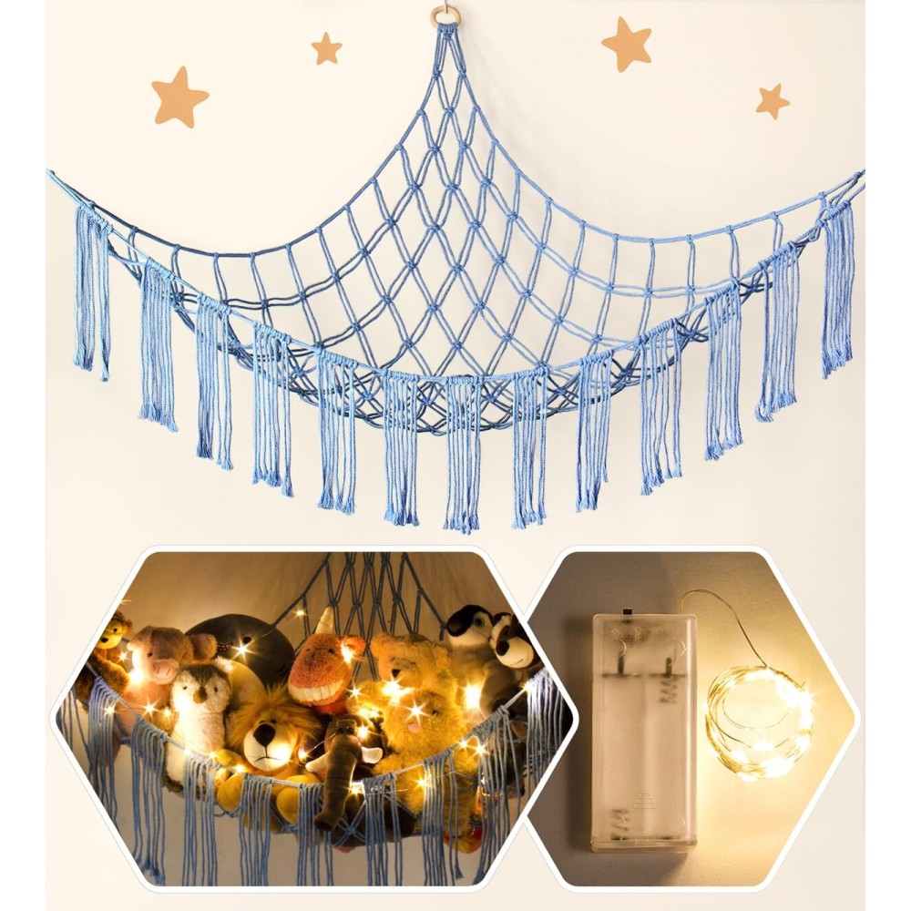 RelaxScene Stuffed Animal Hammock Corner Storage with LED Light - Bluey Room Decor for Girls - Teddy Bear Stuffy Hammock - Cute Blue Things for Bedroom - Wall Ceiling Hanging Decor