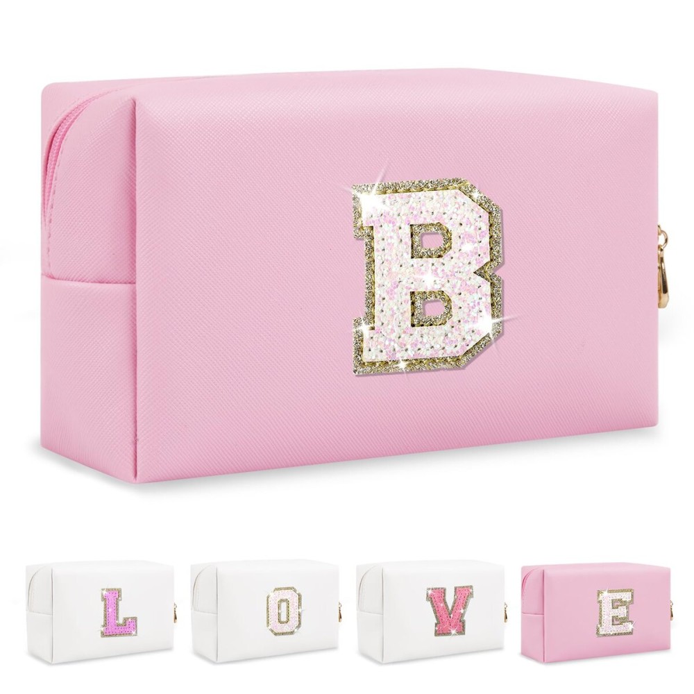 Small Personalized Initial A-Z Patch Makeup Bag,Pink Cute PU Leather Glitter Letter Cosmetic Bag for Teen Girls,Travel Toiletry Bag with Zipper,Preppy Monogrammed Birthday Gift for Daughter Niece B