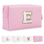 Small Personalized Initial A-Z Patch Makeup Bag,Pink Cute PU Leather Glitter Letter Cosmetic Bag for Teen Girls,Travel Toiletry Bag with Zipper,Preppy Monogrammed Birthday Gift for Daughter Niece E