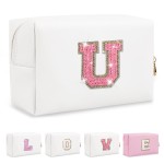 Small Initial Patch Makeup Bag Personalized Gifts Make Up Bag,White Cute PU Leather Glitter Letter Cosmetic Bag with Zipper,Trendy Portable Travel Toiletry Pouch,Preppy Stuff for Teen Girls Women U
