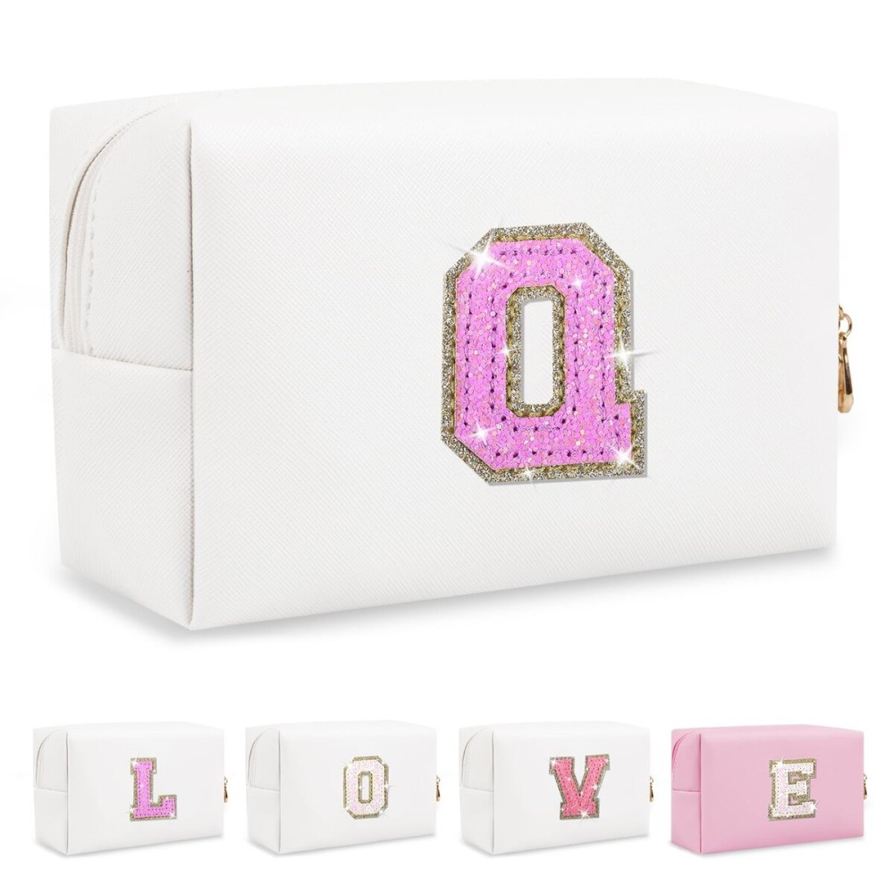 Small Initial Patch Makeup Bag Personalized Gifts Make Up Bag,White Cute PU Leather Glitter Letter Cosmetic Bag with Zipper,Trendy Portable Travel Toiletry Pouch,Preppy Stuff for Teen Girls Women Q