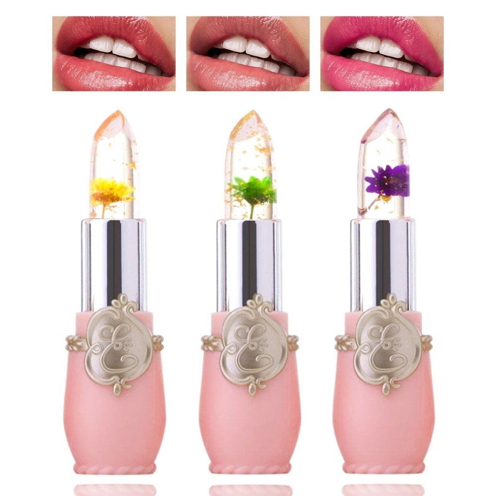 BKPPLZP 3 Pack Crystal Flower Jelly Lipstick,Magic Color Changing Lipstick,PH Clear Temperature Color Changing Lip Gloss,Lip Balm,Long Lasting Nourishing Moisturizing Lip Stick Set E