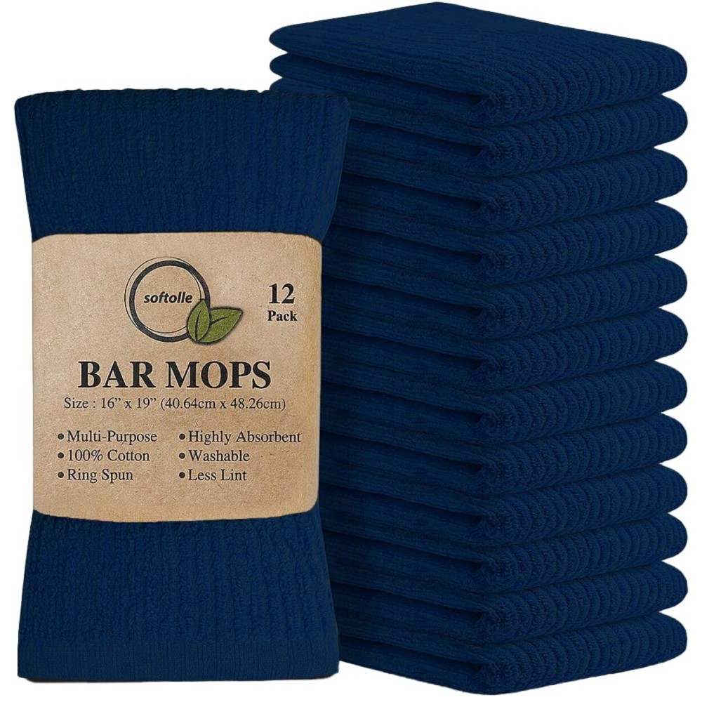 Softolle Bar Mop Towels, Pack of 12-16x19 Inches - 100% Cotton Super Absorbent Towels, Multi-Purpose for Home and Bar Cleaning (Navy Blue)
