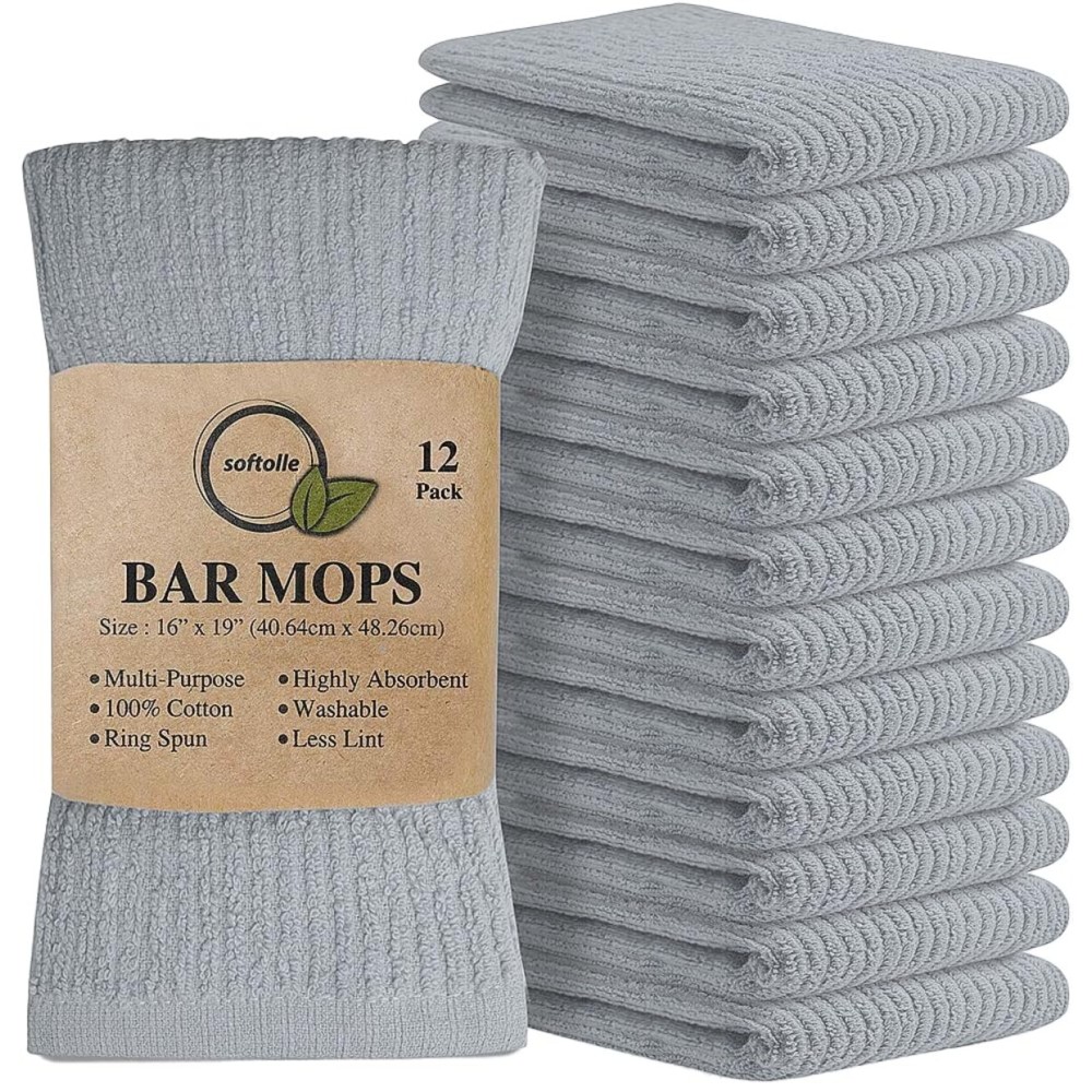 Softolle Bar Mop Towels, Pack of 12-16x19 Inches - 100% Cotton Super Absorbent Towels, Multi-Purpose for Home and Bar Cleaning (Silver Grey)