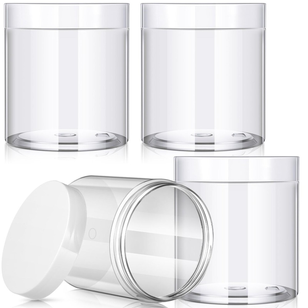 Patelai 4 Pieces Round Wide-mouth Leak Proof Plastic Container Jars with Lids for Travel Storage Makeup Beauty Products Face Creams Oils Salves Ointments DIY Making(16 Ounce,White)