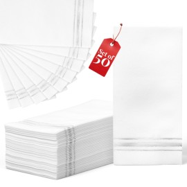 Prestee - Linen-Like Paper Hand Towels - Disposable Guest Towels for Bathroom - White with Silver Stripes - 7.8x4 Folded - 50 Count - Soft and Absorbent Bathroom Napkins - Elegant Metallic Design