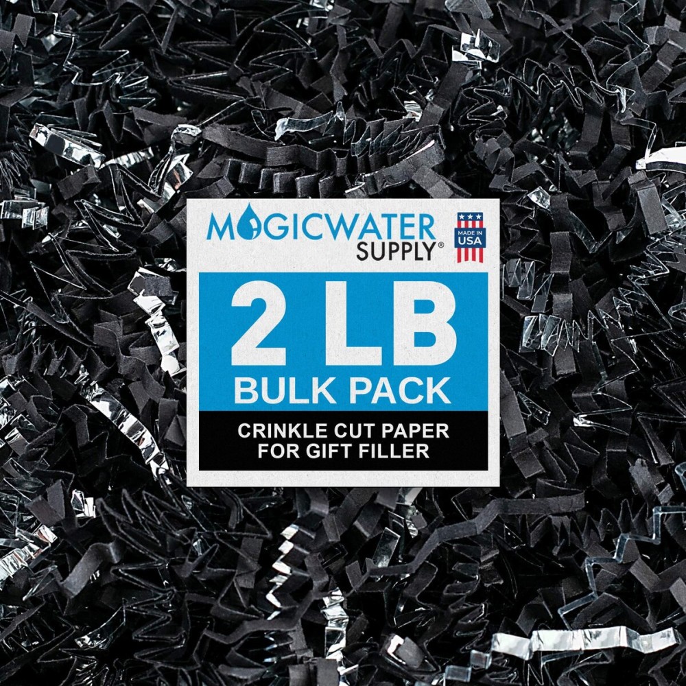 MagicWater Crinkle Cut Paper for Gift Baskets - 2LB - Black & Silver - Perfect for Shredded Paper Filler, Basket Filler, Gift Boxes, Bridesmaid Gifts, Christmas Stuffers & More - For All Occasions
