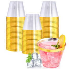 I00000 60PCS Gold Plastic Cups, 9 oz Clear Disposable Cups with Golden Trim, Heavy-Duty Disposable Hard Plastic Wine Glasses Cocktail Glasses Perfect for Party & Wedding