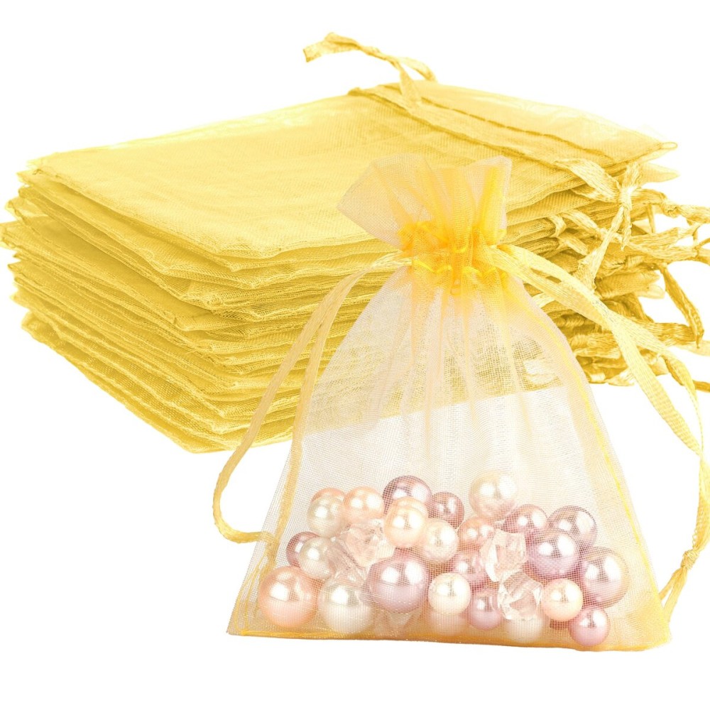 Gold Organza Bags - 50 Pcs, Sheer 4 x 6 Inch Jewelry & Party Favor Bags with Drawstring, Mesh Gift Pouches for Wedding, Valentine\'s Day Party
