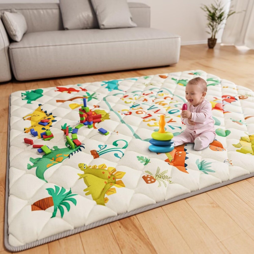 ieBabay Baby Play Mat 71 X 59 Playpen Mat Upgraded Thicken Baby Floor Play Mat Non-Slip Cushioned Crawling Mat Waterproof Activity Playmats for Babies Toddlers Infants (71X59, Letter Dino)