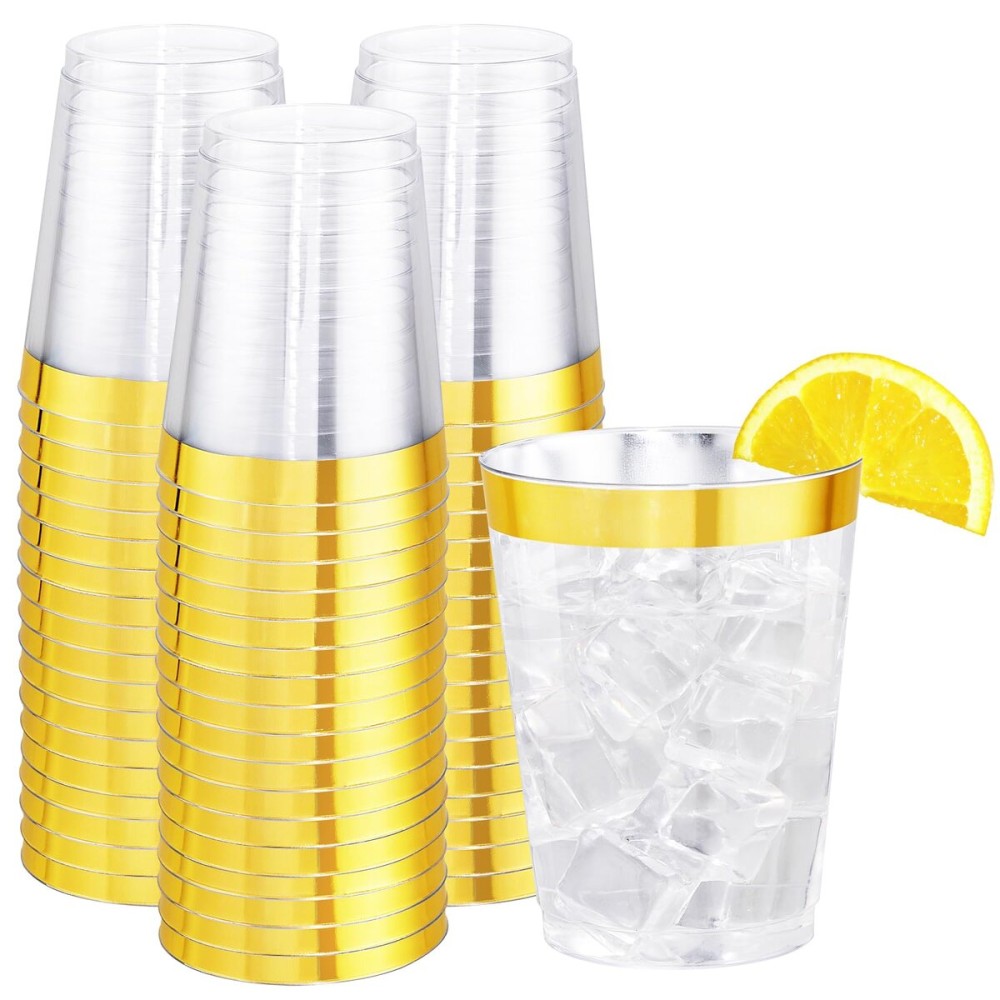 I00000 60PCS Gold Plastic Cups, 10 oz Clear Disposable Cups with Golden Trim, Heavy-Duty Disposable Hard Plastic Wine Glasses Cocktail Glasses Perfect for Wedding & Party
