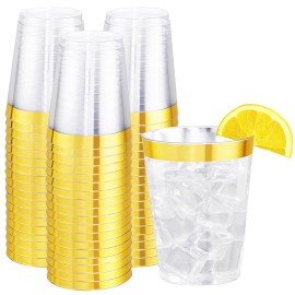 I00000 60PCS Gold Plastic Cups, 10 oz Clear Disposable Cups with Golden Trim, Heavy-Duty Disposable Hard Plastic Wine Glasses Cocktail Glasses Perfect for Wedding & Party