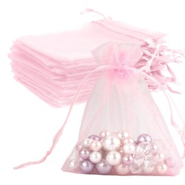 Organza Bags - 50Pcs Pink Sheer 4 x 6 Inch Jewelry Gift Pouches With Drawstring - Party Favor Mesh Mini Candy Bags for Wedding Valentine\'s Day