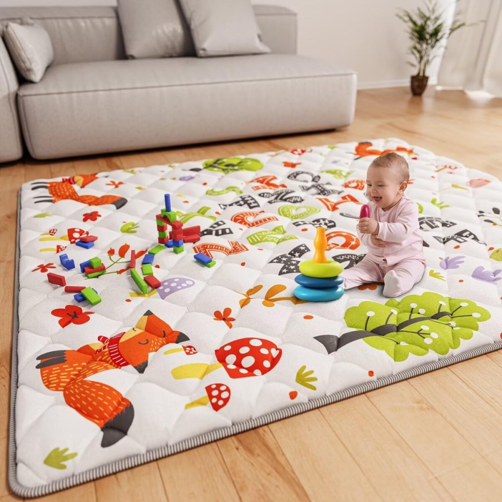 ieBabay Baby Play Mat 71 X 59 Playpen Mat Upgraded Thicken Baby Floor Play Mat Non-Slip Cushioned Crawling Mat Waterproof Activity Playmats for Babies Toddlers Infants (71X59, Letter Fox)
