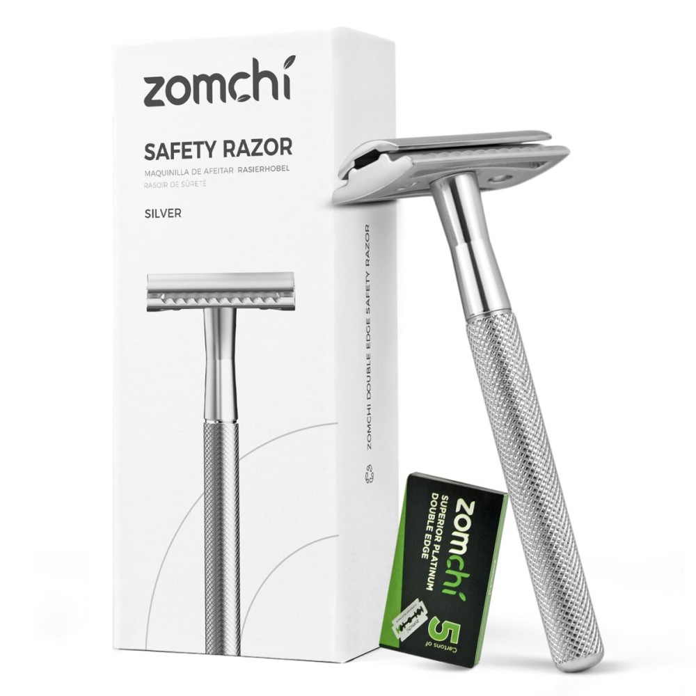 ZOMCHI Double Edge Safety Razor for Men & Women, Metal Razor with 5 Double Edge Safety Razor Blades, Single Blade Razor - Silver