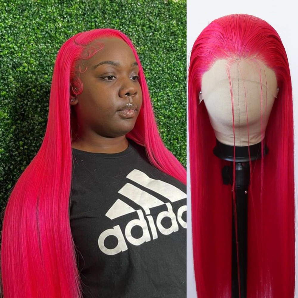 BTWTRY Hot Pink Wig Long Straight Rose Red Pink Synthetic Lace Front Wigs Pre Plucked Natural Hairline for Black Women Heat Resistant Fiber Hair Cosplay Daily Wear Wig (Hot Pink)