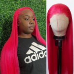 BTWTRY Hot Pink Wig Long Straight Rose Red Pink Synthetic Lace Front Wigs Pre Plucked Natural Hairline for Black Women Heat Resistant Fiber Hair Cosplay Daily Wear Wig (Hot Pink)