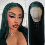 BTWTRY Long Straight Synthetic Lace Front Wig - Pre Plucked Natural Hairline, Heat Resistant, Cosplay & Daily Wear (Dark Green)