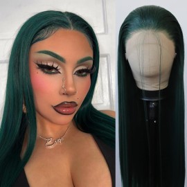 BTWTRY Long Straight Synthetic Lace Front Wig - Pre Plucked Natural Hairline, Heat Resistant, Cosplay & Daily Wear (Dark Green)