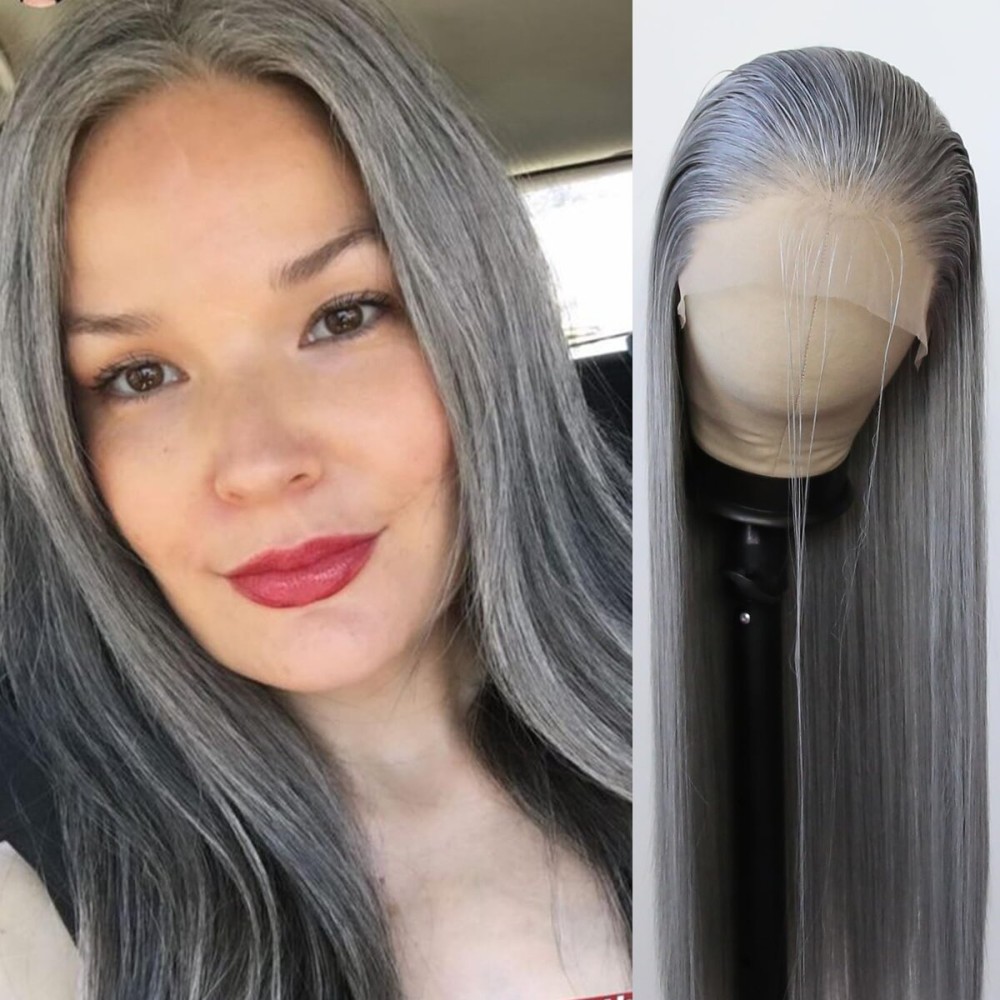BTWTRY Gray Wig Long Straight Grandma Grey Synthetic Lace Front Wigs Pre Plucked Natural Hairline for Black Women Heat Resistant Fiber Hair Cosplay Daily Wear Wig (Grandma Grey)