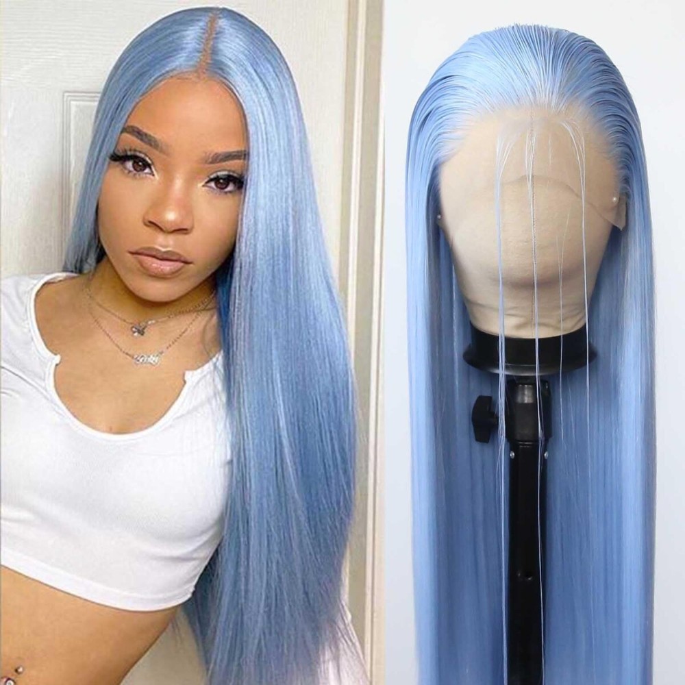 BTWTRY Light Blue Wig Long Straight Sky Blue Lace Front Synthetic Wigs Pre Plucked Natural Hairline for Black Women Heat Resistant Fiber Hair Cosplay Daily Wear Wig (Light Blue)