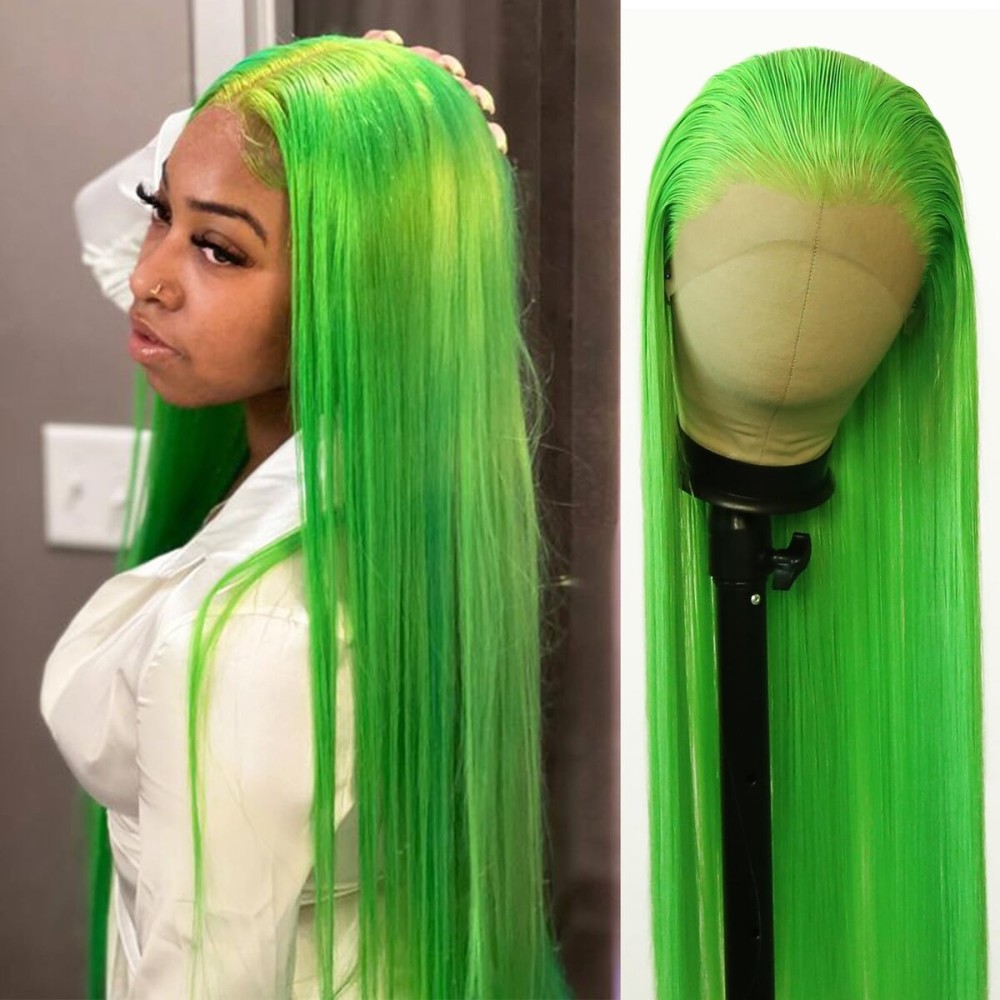 BTWTRY Lime Green Wig Long Straight Lemon Green Synthetic Lace Front Wigs Pre Plucked Natural Hairline for Black Women Heat Resistant Fiber Hair Cosplay Daily Wear Wig (Lime Green)