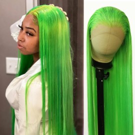 BTWTRY Lime Green Wig Long Straight Lemon Green Synthetic Lace Front Wigs Pre Plucked Natural Hairline for Black Women Heat Resistant Fiber Hair Cosplay Daily Wear Wig (Lime Green)