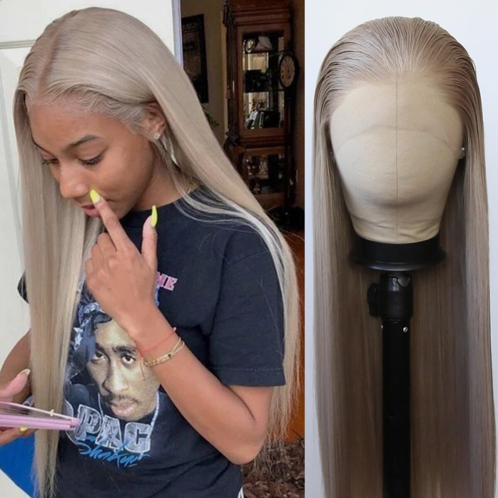 BTWTRY Ash Blonde Wig Long Straight Ash Honey Blonde Brown Synthetic Lace Front Wigs Pre Plucked Natural Hairline for Black Women Heat Resistant Fiber Hair Cosplay Daily Wear Wig