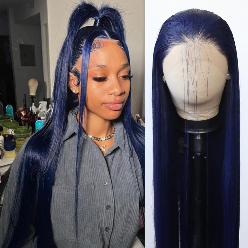BTWTRY Dark Blue Wig Long Straight Navy Blue Synthetic Lace Front Wigs Pre Plucked Natural Hairline for Black Women Heat Resistant Fiber Hair Cosplay Daily Wear Wig (Dark Blue)