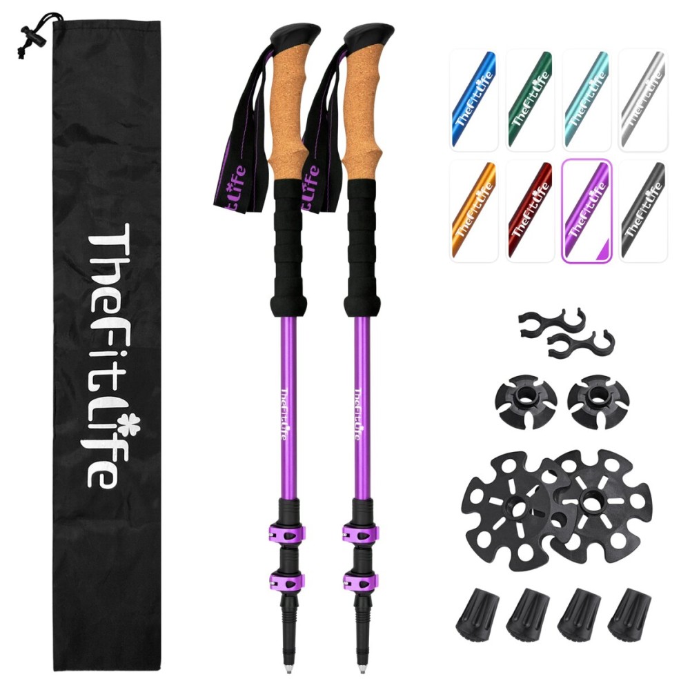TheFitLife Trekking Poles for Hiking and Walking - Lightweight 7075 Aluminum with Metal Flip Lock and Natural Cork Grip, Walking Sticks for Men, Women, Collapsible, Telescopic, Camping Gear (Purple)