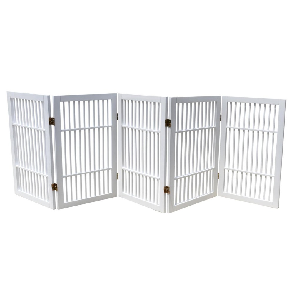 Pet Dog Gate Strong and Durable Freestanding Folding Acacia Hardwood Portable Wooden Fence Indoors or Outdoors by Urnporium (White Pet Gate, 5 Panel 30 Tall)