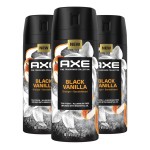 AXE Fine Fragrance Collection Premium Body Spray Black Vanilla with Orange + Sandalwood 3 Count with 72H Odor Protection Aluminum-Free 4 oz