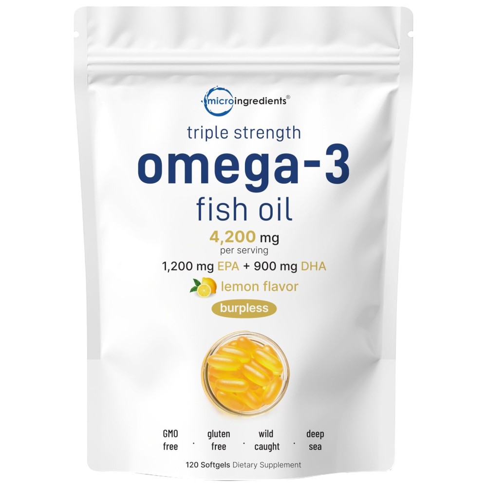 Micro Ingredients Triple Strength Omega 3 Fish Oil Supplements 4200mg Per Serving, 120 Softgels - Lemon Flavored - Burpless | EPA 1200mg + DHA 900mg | Deep Sea Fish