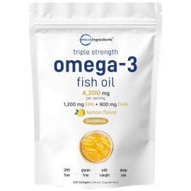 Micro Ingredients Triple Strength Omega 3 Fish Oil Supplements 4200mg Per Serving, 120 Softgels - Lemon Flavored - Burpless | EPA 1200mg + DHA 900mg | Deep Sea Fish