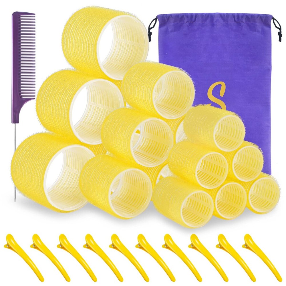 Self grip hair roller set,18 pcs,Hair rollers with hair roller clips and comb,Salon hairdressing curlers,DIY Hair Styles, Sungenol 3 Sizes Yellow Hair Rollers in 1 set