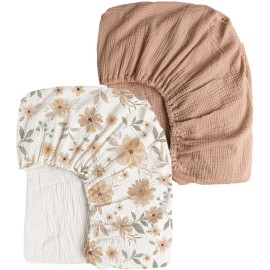 Konssy Muslin Crib Sheets 2 PCS 100% Cotton Baby Crib Sheets for Standard Crib Mattress (28 x 52), Soft and Breathable for Boys, Girls (Toffee, Flourish)
